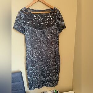 Sue Wong Embellished Sheer Neck Dress Size 14 Formal Evening Gray